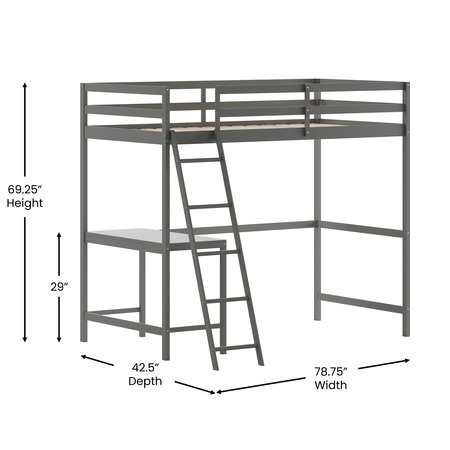 Flash Furniture Riley Loft Bed Frame w/Desk, Twin Size Wooden Bed Frame w/Guard Rails & Ladder - Light Gray MH-LBD5-LGY-T-GG